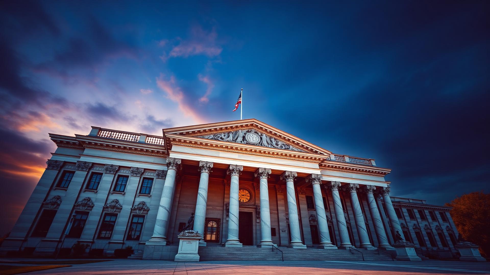 Neoclassical institutional building at dusk